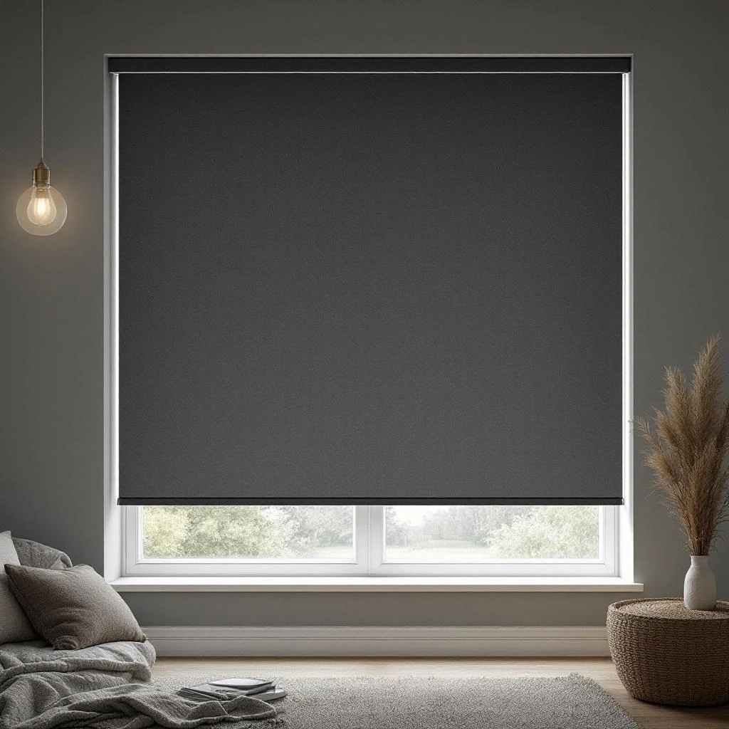 Charcoal roller blind on a living room window